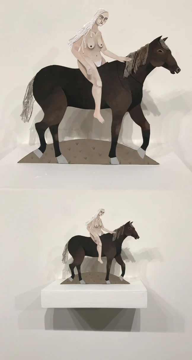 MIDNIGHT RIDE / gouache, embroidery floss, cut paper & wood / dimensions variable