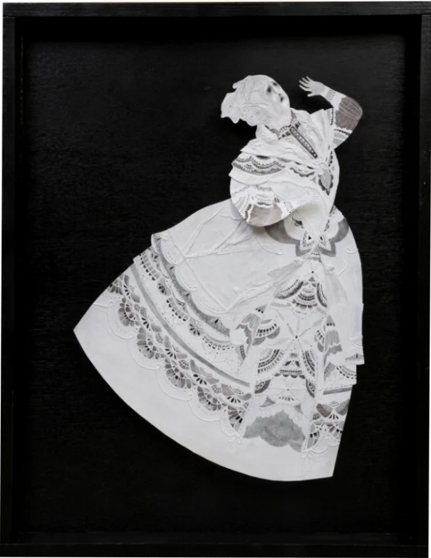 HYSTERIC #1 / tissue paper, gouache, graphite, enamel & string on paper (mounted in wood shadowbox) / 25" x 30.5"