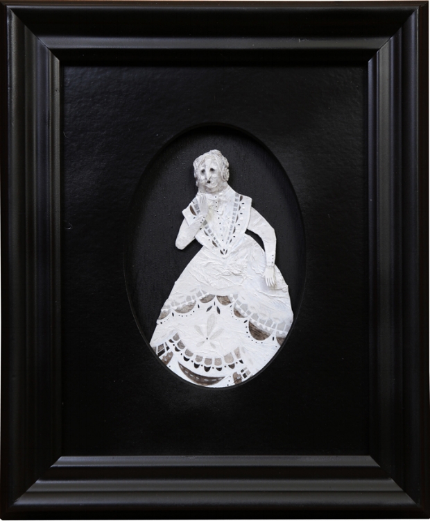 THE LADY OF THE HOUSE #1 / tissue paper, gouache, graphite, enamel, cut paper & picture frame / 9" x 12"