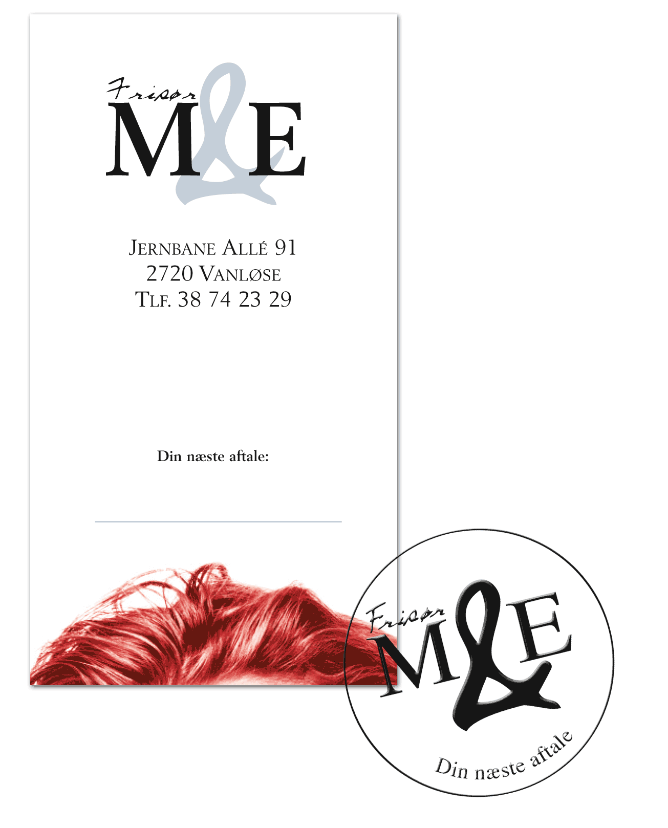 Design af logo, stempel samt aftalekort til Frisør M & E 