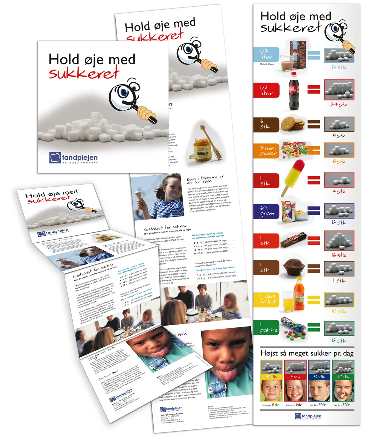 Plakatdesign til informationskampagnen 'Hold øje med sukkeret' for Københavns Kommune og Tandplejen i Aalborg Kommune 