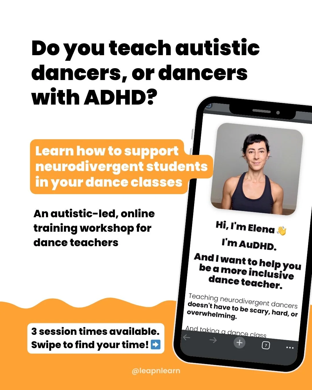 If you teach autistic dancers, or dancers with ADHD, this is the training you need.
&nbsp;
I&rsquo;m hearing more dance studio owners and dance teachers asking questions about teaching neurodivergent students.
&nbsp;
I&rsquo;m Elena.
I&rsquo;m AuDHD.