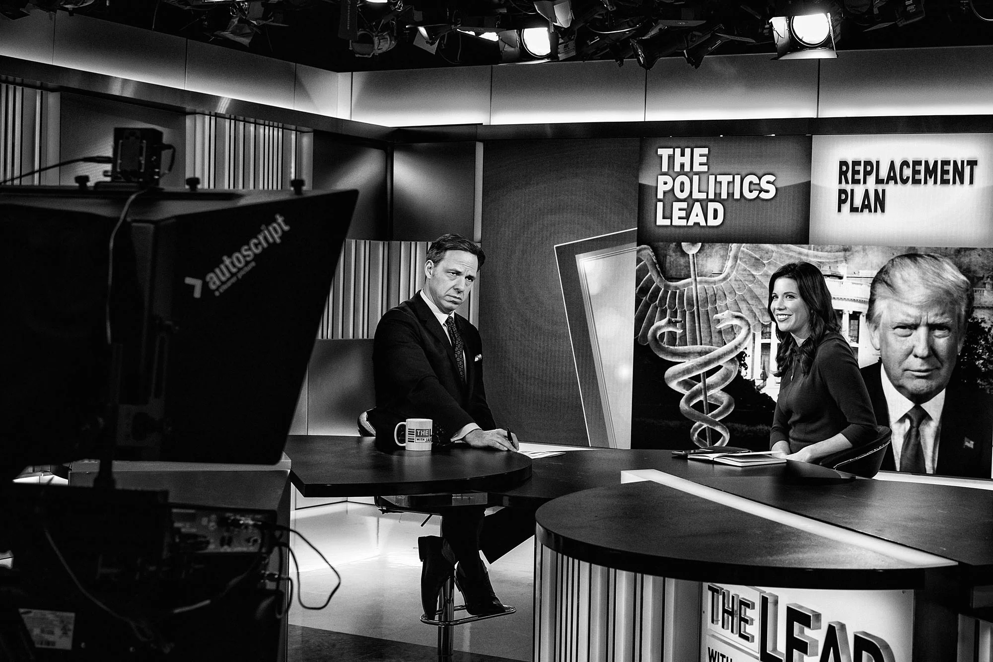 CNN Chief Washington Correspondent Jake Tapper on a commercial break during the taping of his weekday television news show, The Lead, on February 28, 2017.
