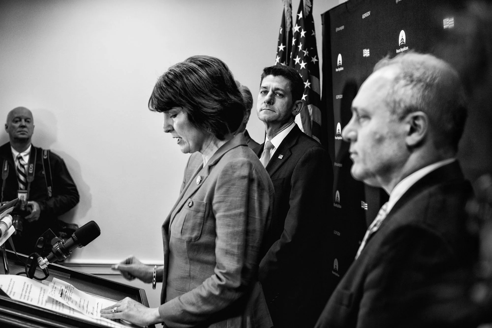 House Speaker Paul Ryan and House Majority Whip Steve Scalise listen to House Republican Conference Chairman Cathy McMorris Rodgers speak to the media during a briefing after attending a closed House Republican conference on March 28, 2017.