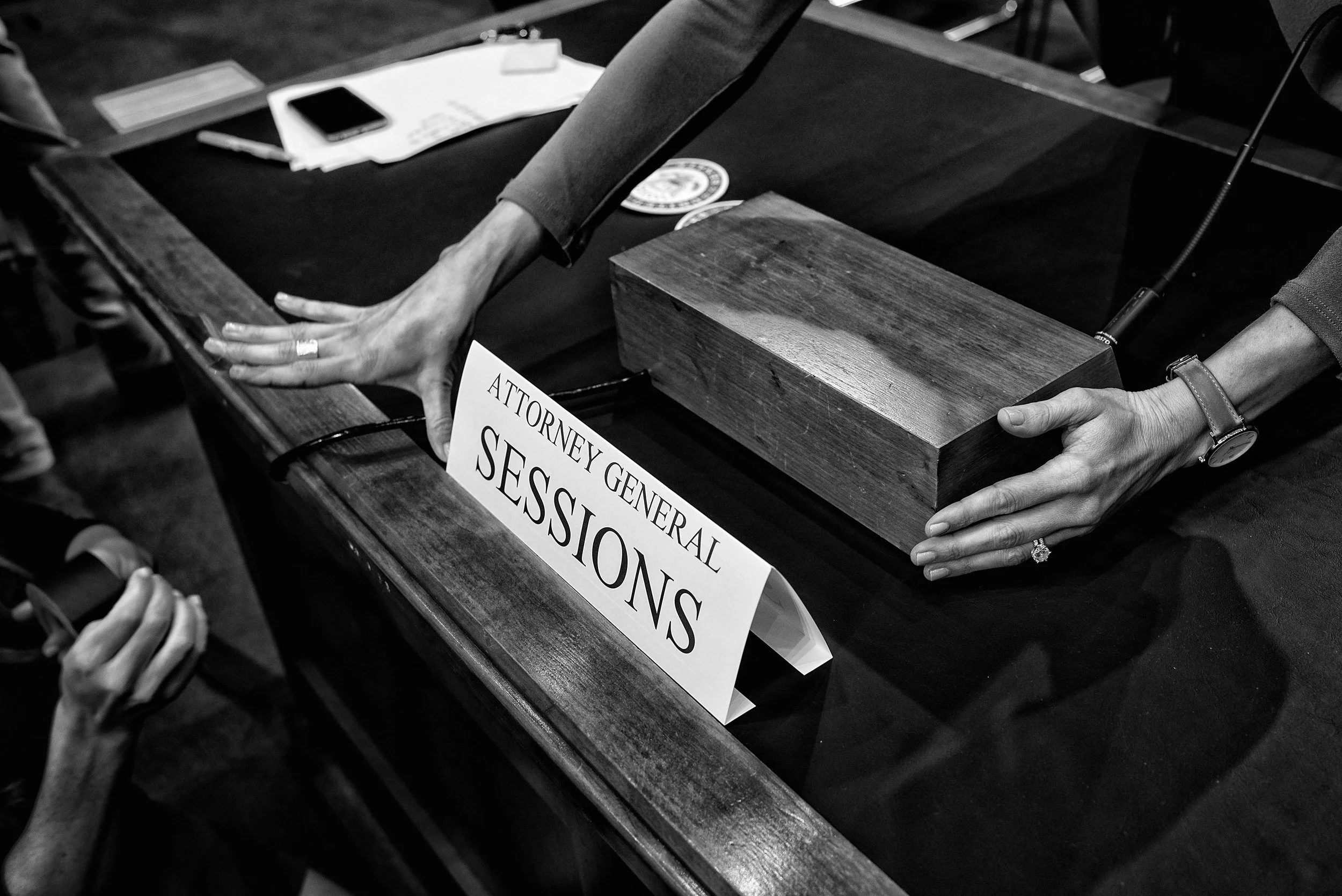Day 145: A name card is taped onto the desk where Attorney General Jeff Sessions will testify before the Senate Intelligence Committee at the Hart Senate Office Building in Washington, DC on June 13, 2017.