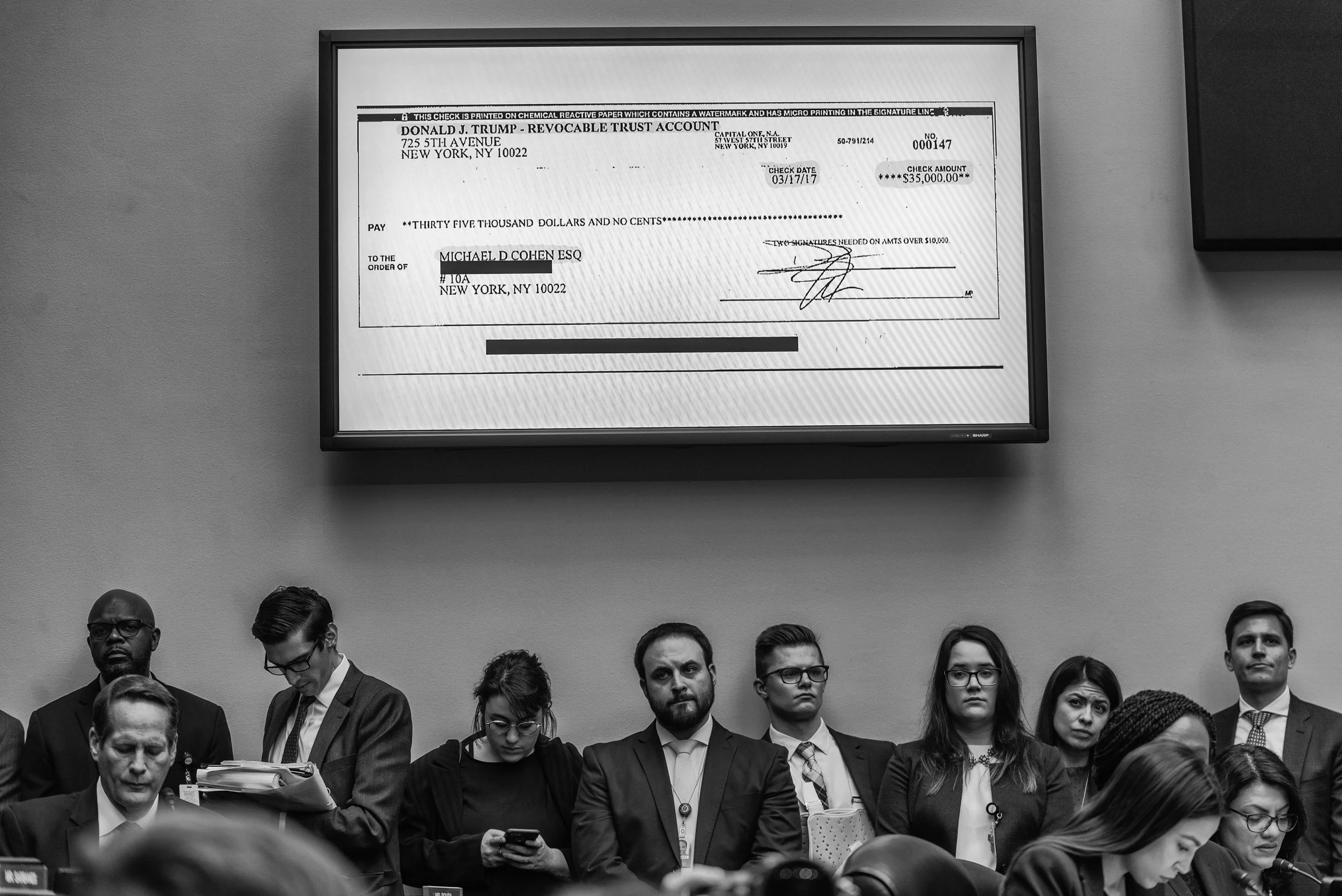 Day 769: The check written to Michael Cohen by President Trump is displayed before the House Committee on Oversight and Reform, in Washington, DC on February 27, 2019.