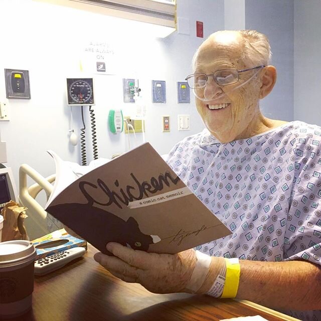 Mission: To create smiles on people's faces. Mission accomplished when Walter got a copy of Chicken. We loved our visit with him 😻 Get your copy on Amazon, Barnes &amp; Noble or Etsy (search Chicken: A Comic Cat Memoir). Thank you! #chickenthebook #