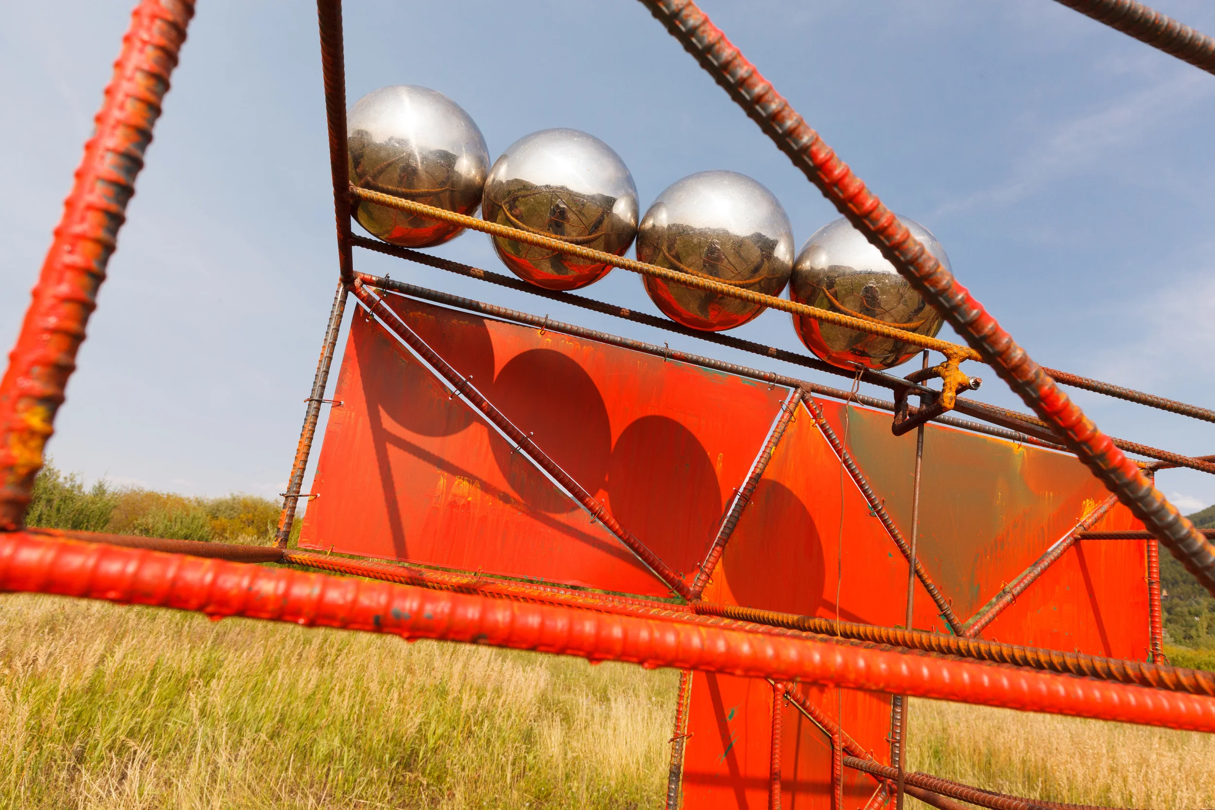 A close up of Exquisite Gardener Guy Mayenobe's crazy Jean Tinguely- inspired " T" with kinetic mad max elements..the kids loved it