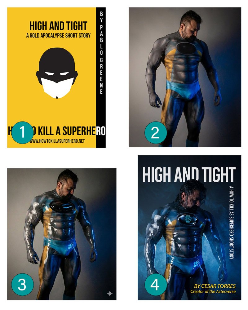 A four-stage process grid showing the evolution of a superhero book cover from a 2017 cosplay photo of author Cesar Torres to a cinematic AI-hybrid final design.