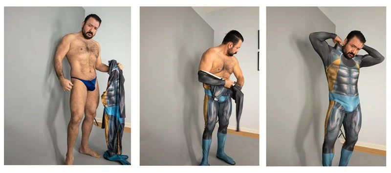 Author and artist Cesar Torres puts on the costume of Roland from How to Kill a Superhero