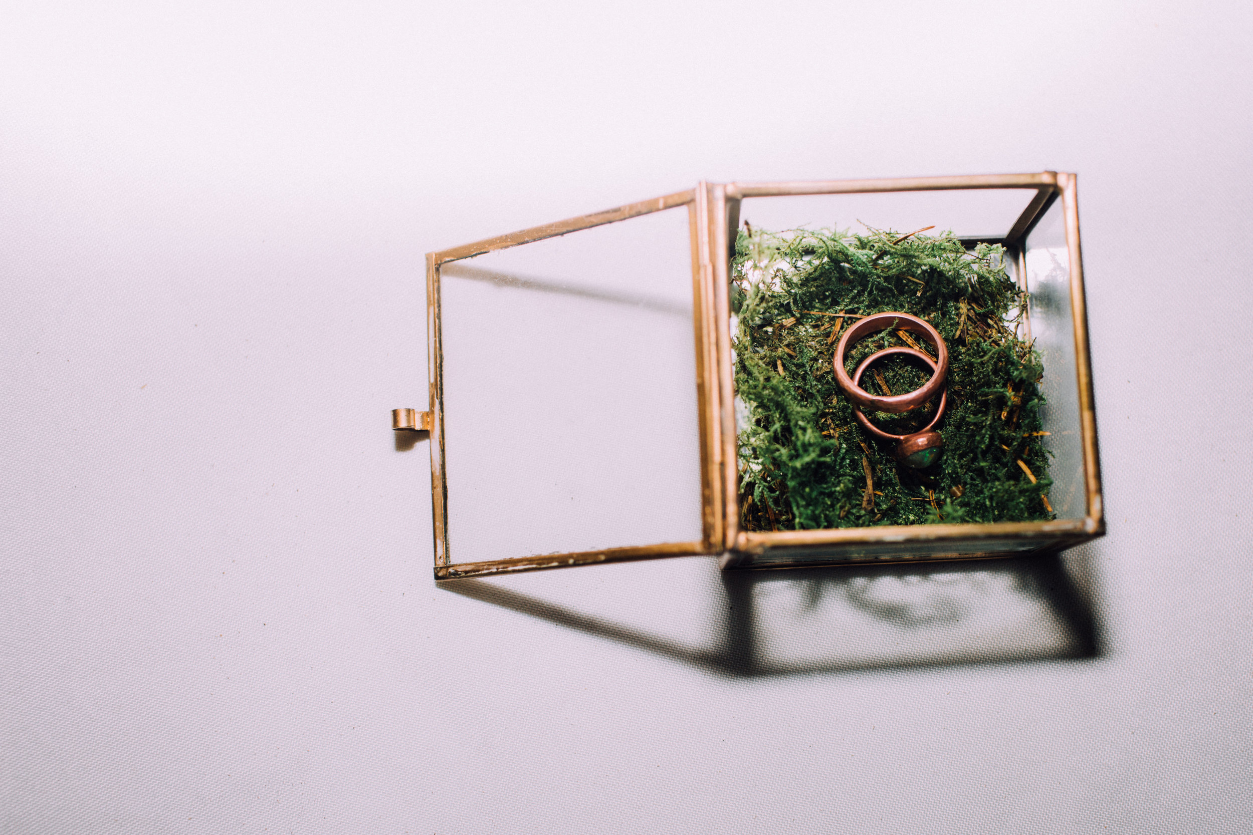 copper wedding rings custom made moss glass box