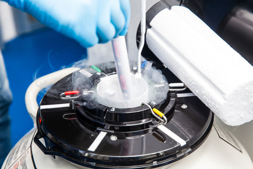 Sperm bank. Tube being pulled from liquid nitrogen.