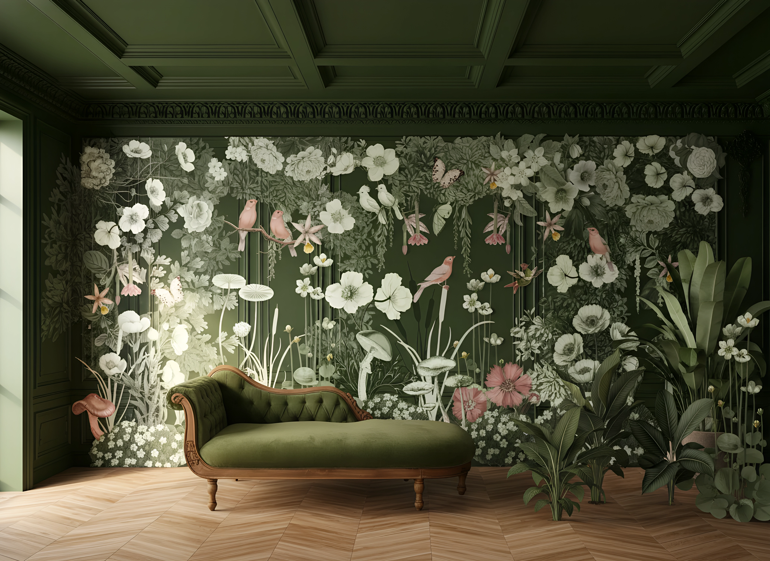 Art Nouveau Botanical Mural Installation Concept — Immersive Luxury Interior