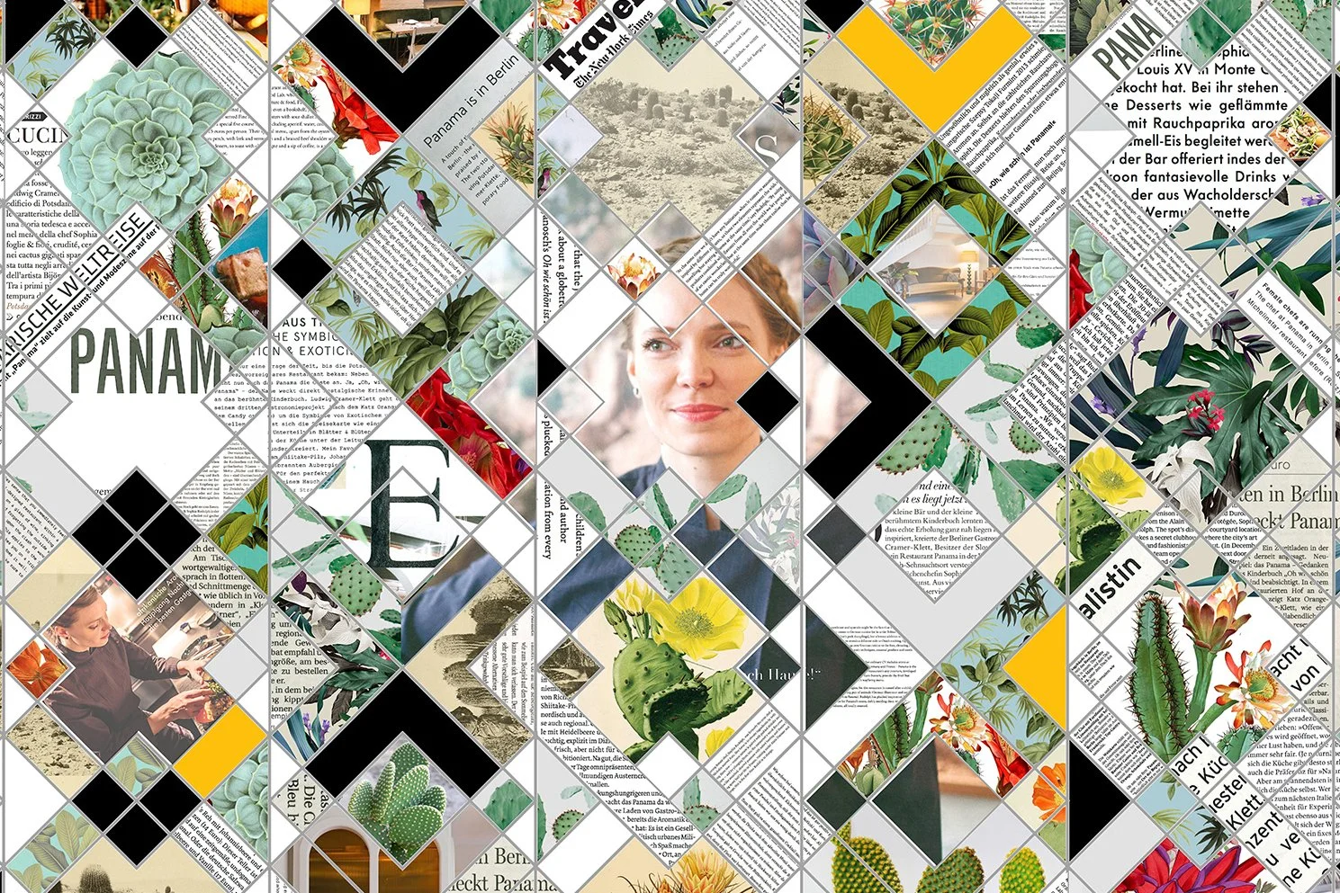 Custom artwork design process by Clare Celeste Börsch, showing layered collage inspired by local flora and created for a site-specific fine art commission