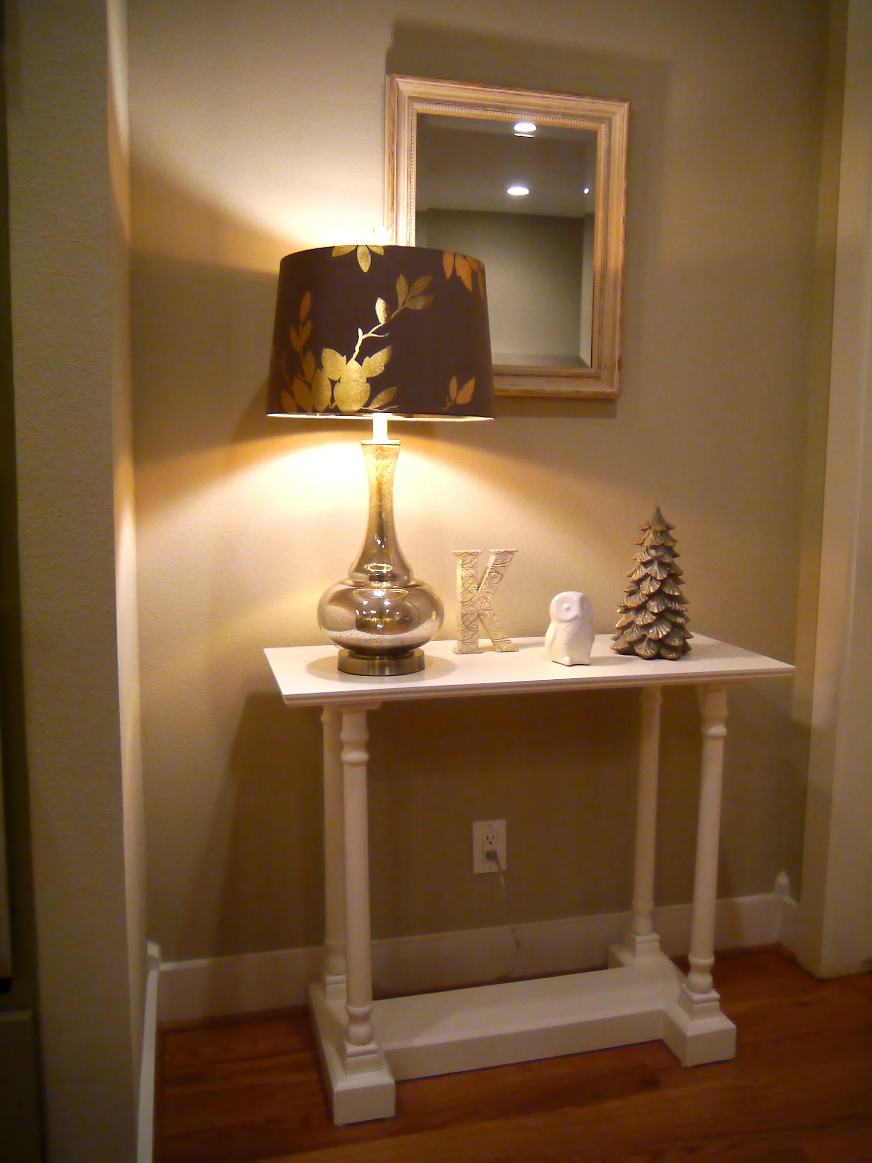 Lamp / Monogram Letter / Owl / Tree Candle (similar) / Table (similar) / Mirror (custom)