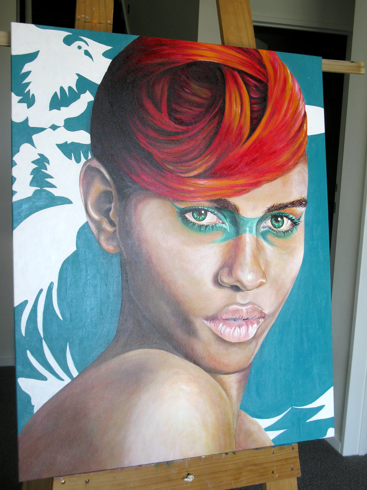 #2 'THE STRAWBERRY THIEF' Oil on Canvas 100 cm x 80 cm *SOLD Underpainting done in grayscale ,skin overlaid with a coloured 'glazing' technique. New Zealand & Australia are full of magpies. They keep stealing my home-grown strawberries hence the inspiration for this painting. Giclee prints available