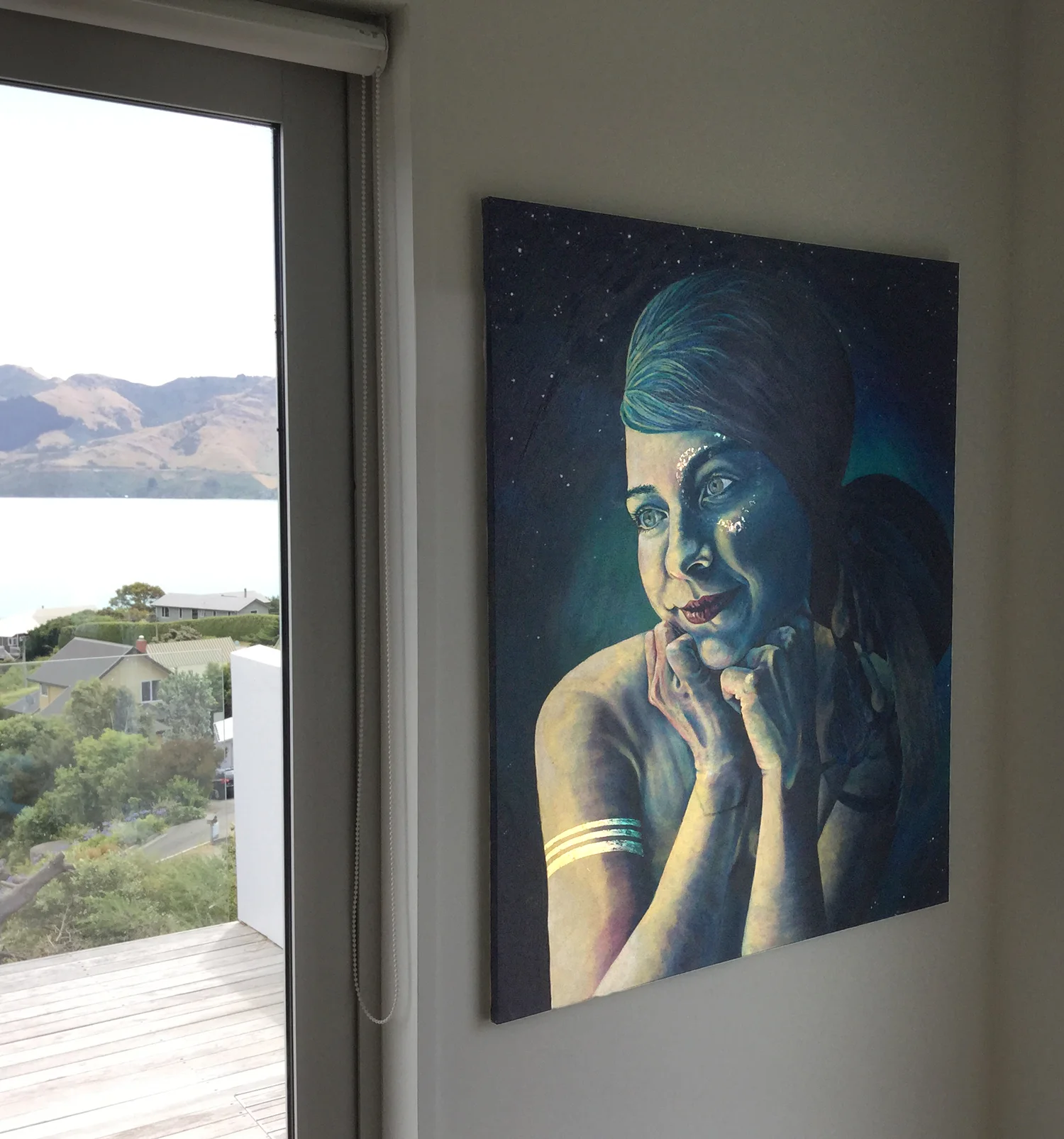 #3 MOONLIGHT Oil on Canvas - 100 x 80cm *SOLD Grayscale underpainting with transparent 'glazed' colours. Fine Gold Oil paint & Imitation gold leaf features. Best viewed at different angles as light changes reflecting off metallic surface.