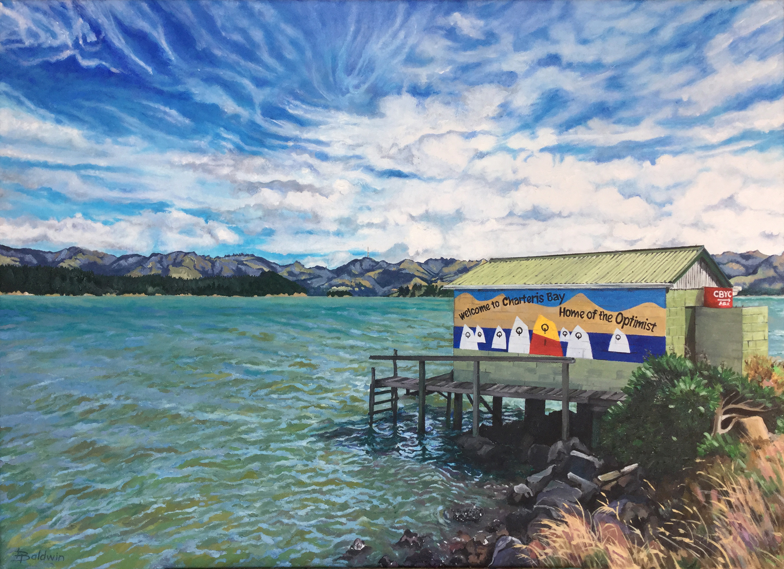Oil on Canvas 50 x 70 Charteris Bay landmark boat shed