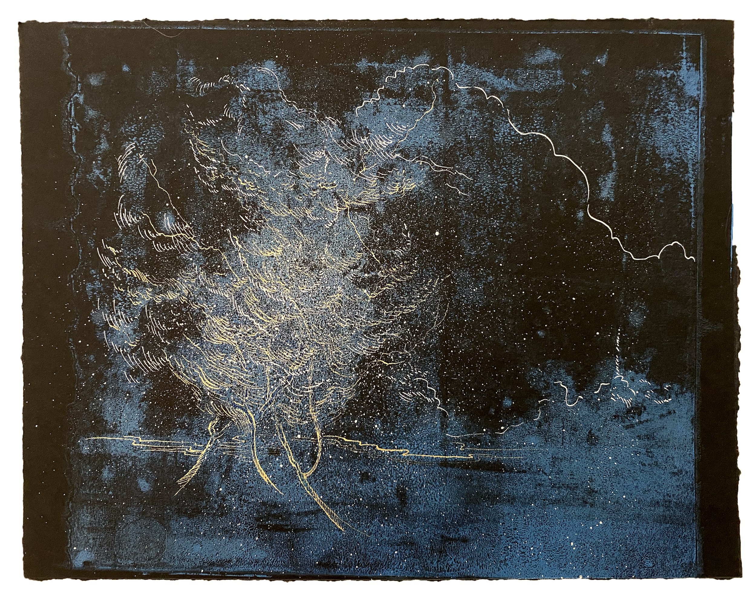   Glistering Tree  Acrylic mono-print, silver and gold ink on archival paper, framed under glass in brush gold aluminium,  25 x 26cm 2022 