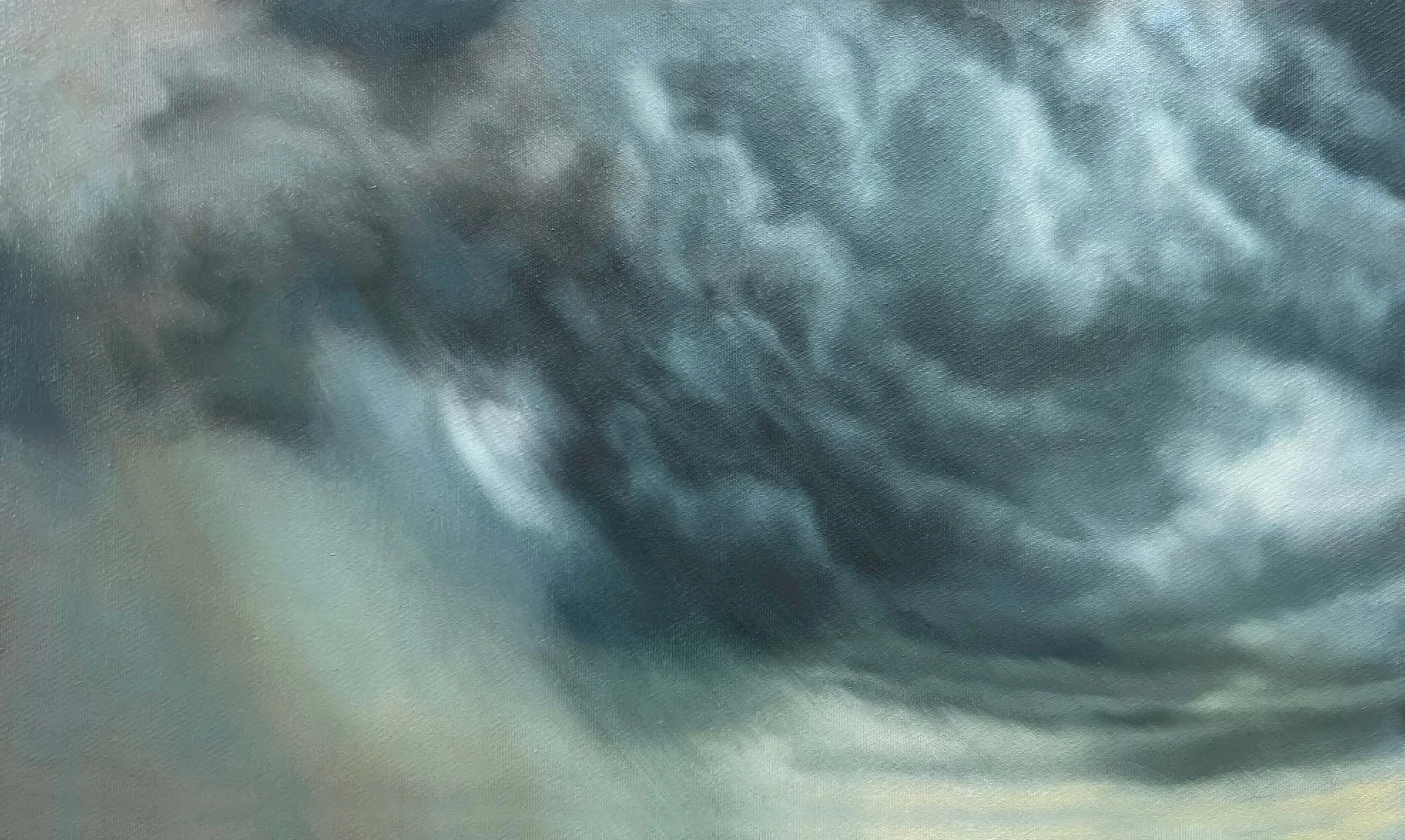   Ocean Rain  Oil, pearlescent pigment on canvas, framed in Tasmanian oak, 25 x 40 cm. 