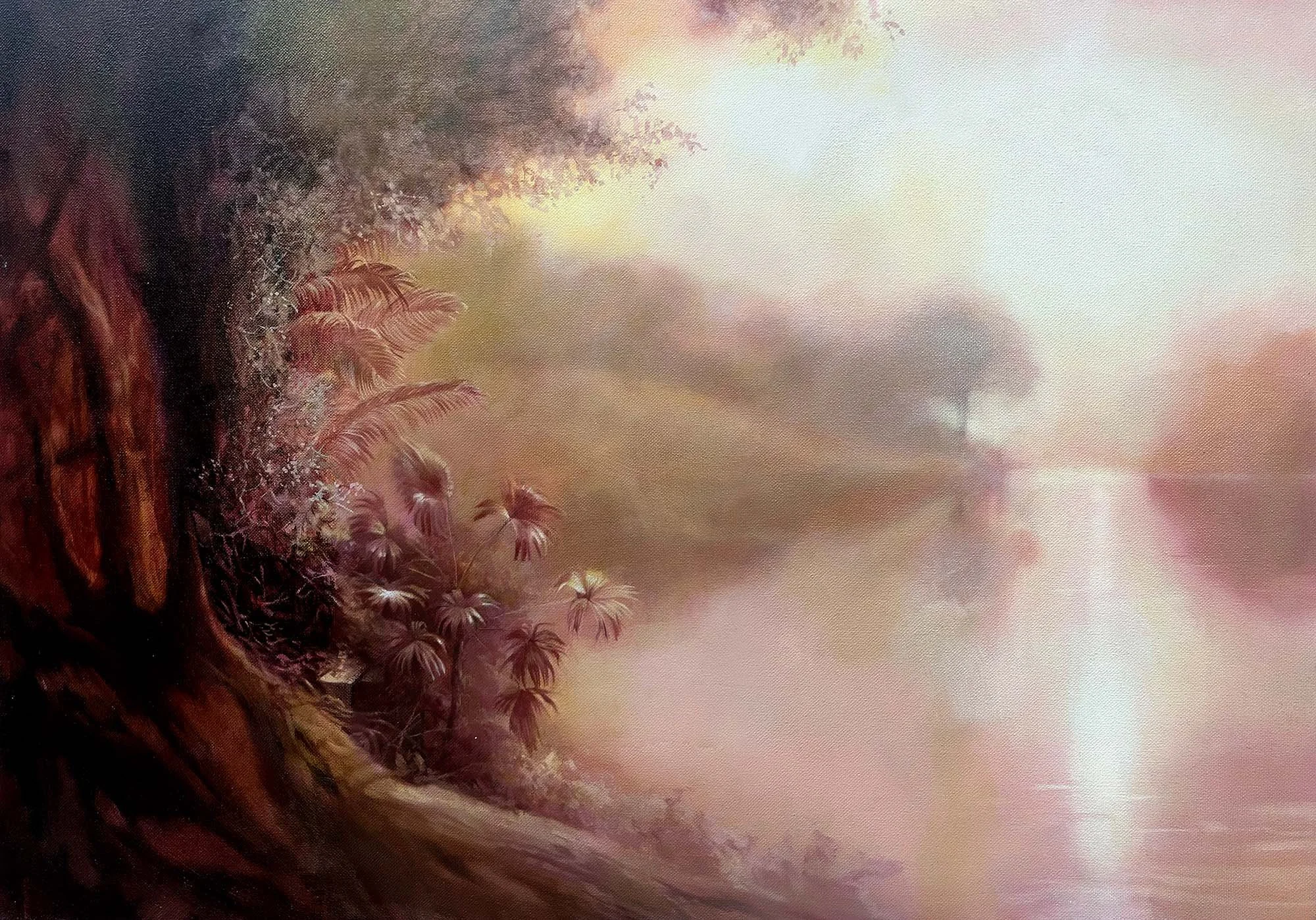   East at Easter  Oil, pearlescent pigment on canvas, framed in Tasmanian oak, 43 x 61 cm. 