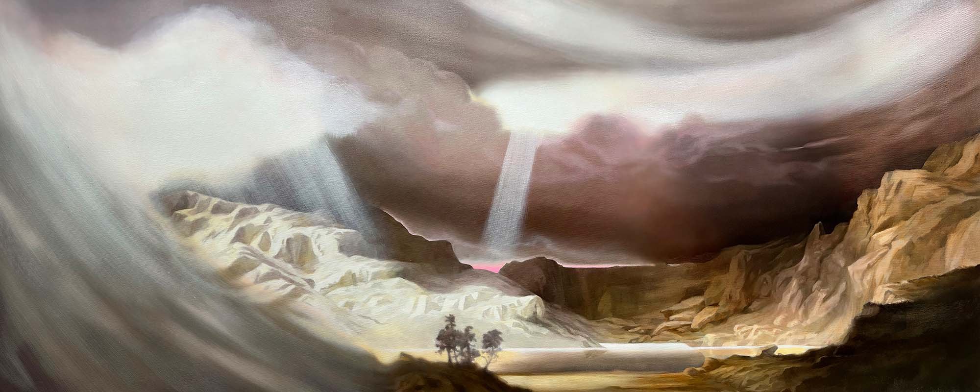   And if the Mountains Should Crumble, or Disappear into the Sea, Not a Tear, No Not I (after Bierstadt)  Oil, pearlescent pigment on canvas framed in Tasmanian oak, 61 x 152 cm. 