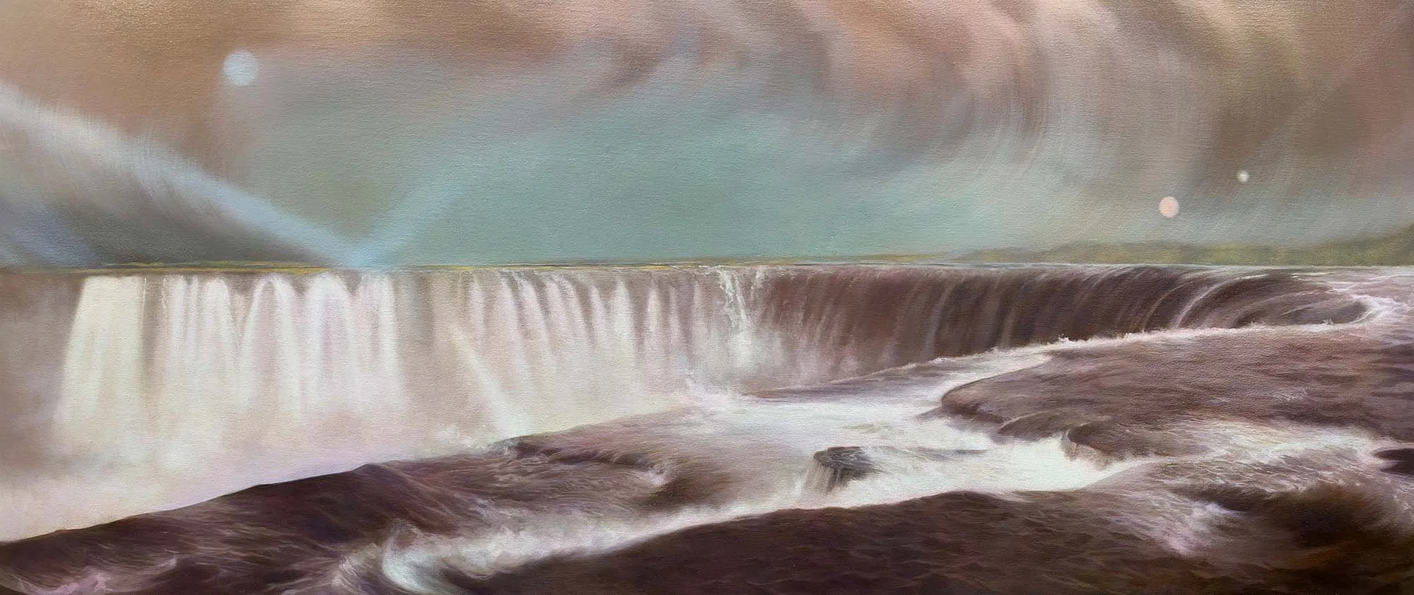   Whenever the water wants you  Oil, pearlescent pigment on canvas framed in Tasmanian oak, 61 x 152 cm. 