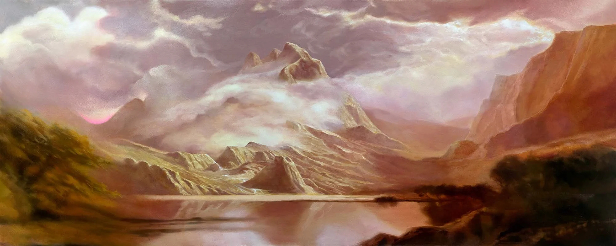   Wade in the Shine of the Ever   (after Bierstadt)  Oil and Pearlescent Pigment on Belgian Cotton, Framed in Victorian Ash, 64 x 155 cm, 2025 