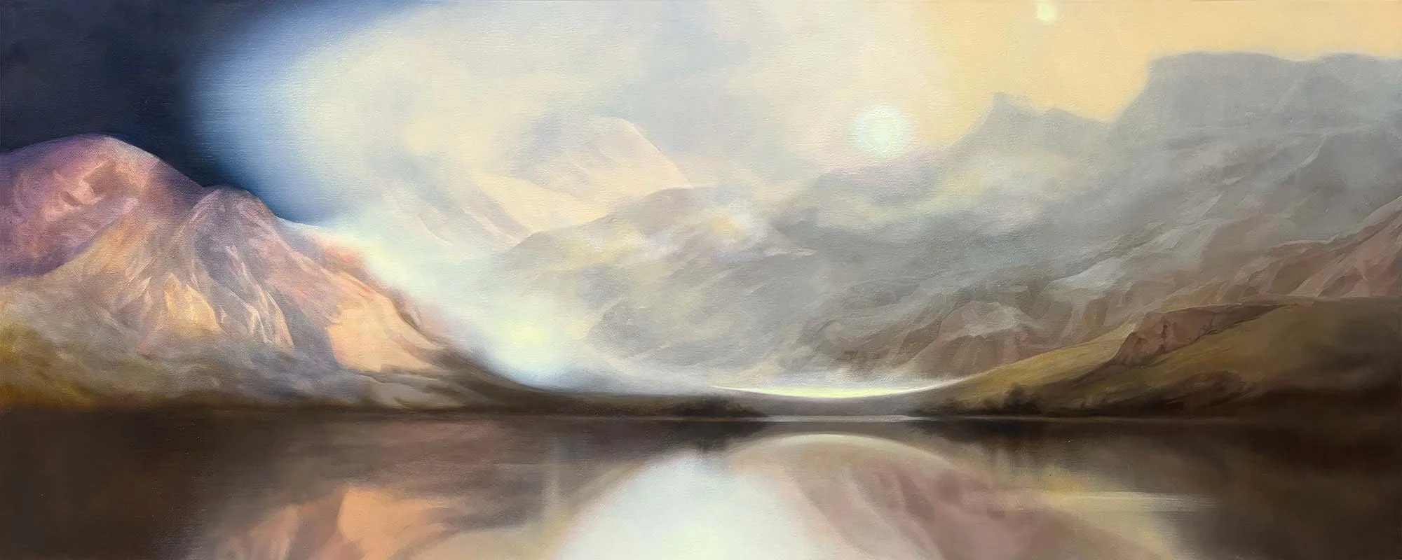   There has to be an invisible Sun   (after Gude)  Oil and Pearlescent Pigment on Belgian Cotton, Framed in Victorian Ash, 64 x 155 cm, 2025 