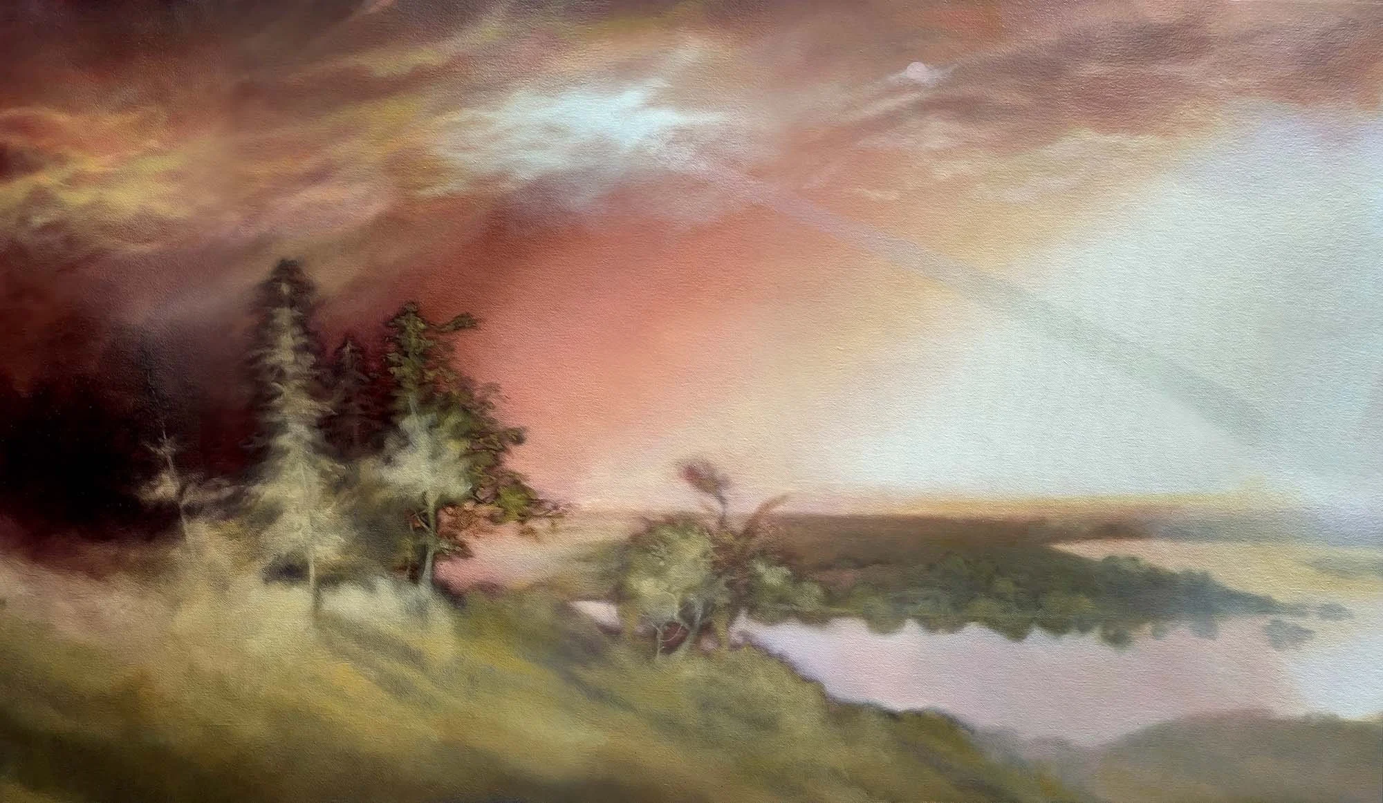   Quiet Night of a white hot day   (after Bierstadt)  Oil and Pearlescent Pigment on Belgian Cotton, Framed in Victorian Ash, 64 x 107.5 cm, 2025 