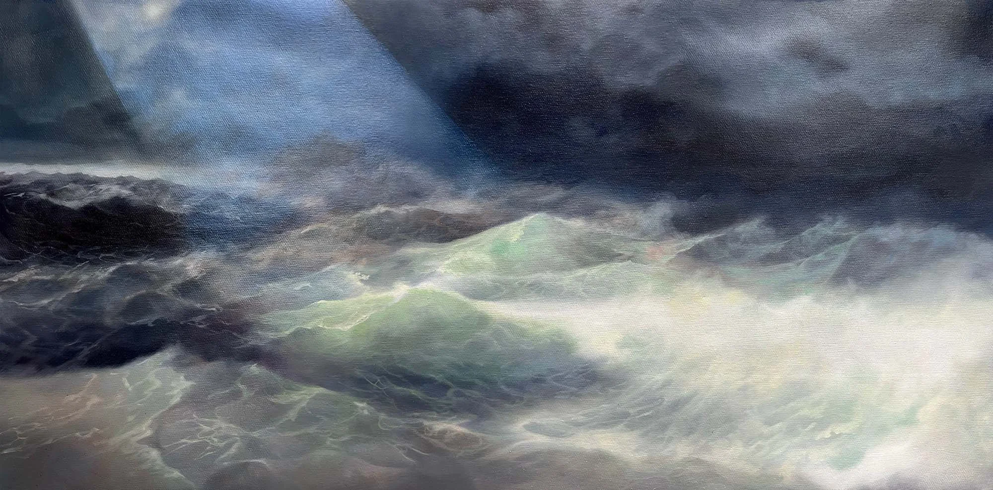   A Million Years from Today   (after Aivazovsky)  Oil and Pearlescent Pigment on Belgian Cotton, Framed in Victorian Ash, 44 x 85 cm, 2025 