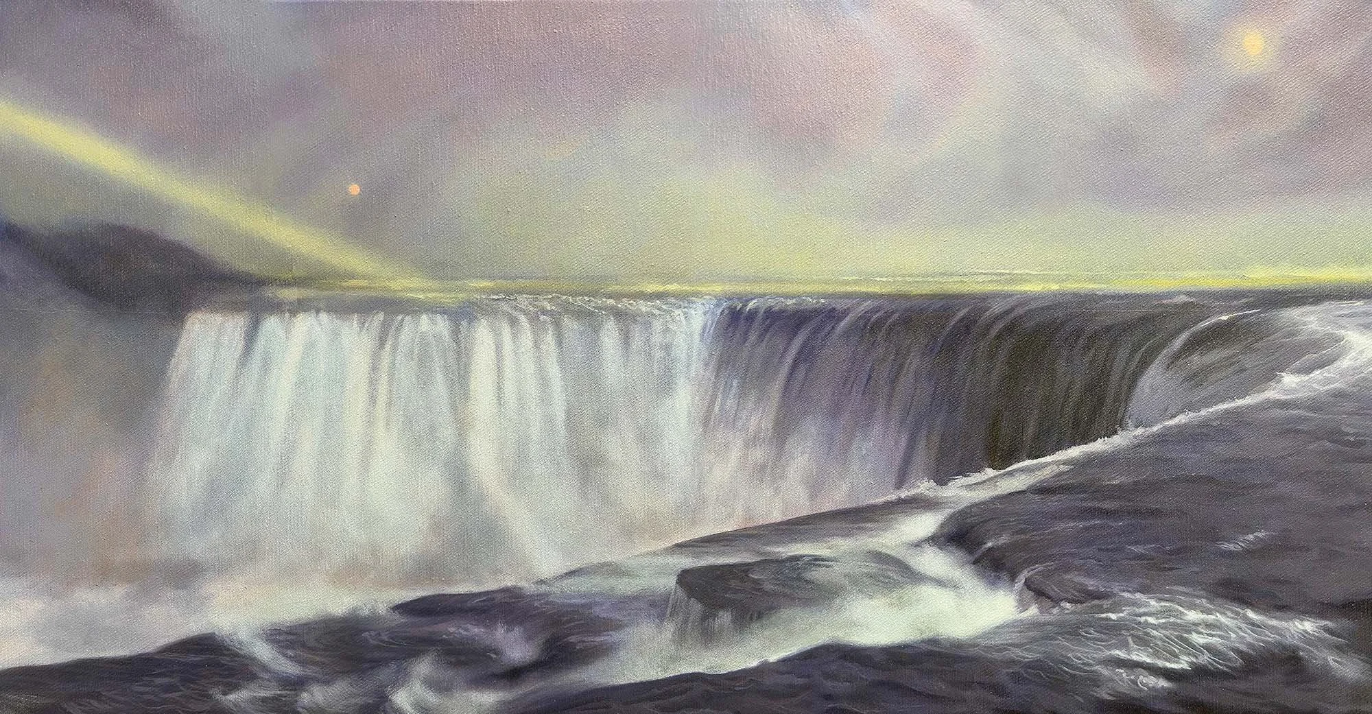   Strung out on Heaven's High (after Church)  Oil and Pearlescent Pigment on Belgian Cotton, Framed in Victorian Ash, 44 x 85 cm, 2025 