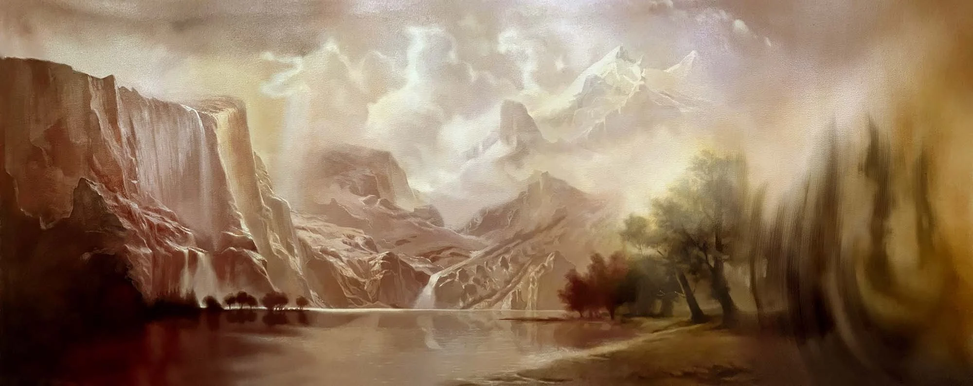   Slipping back on golden Times   (after Bierstadt)  Oil and Pearlescent Pigment on Belgian Cotton, Framed in Victorian Ash, 64 x 155 cm, 2025 