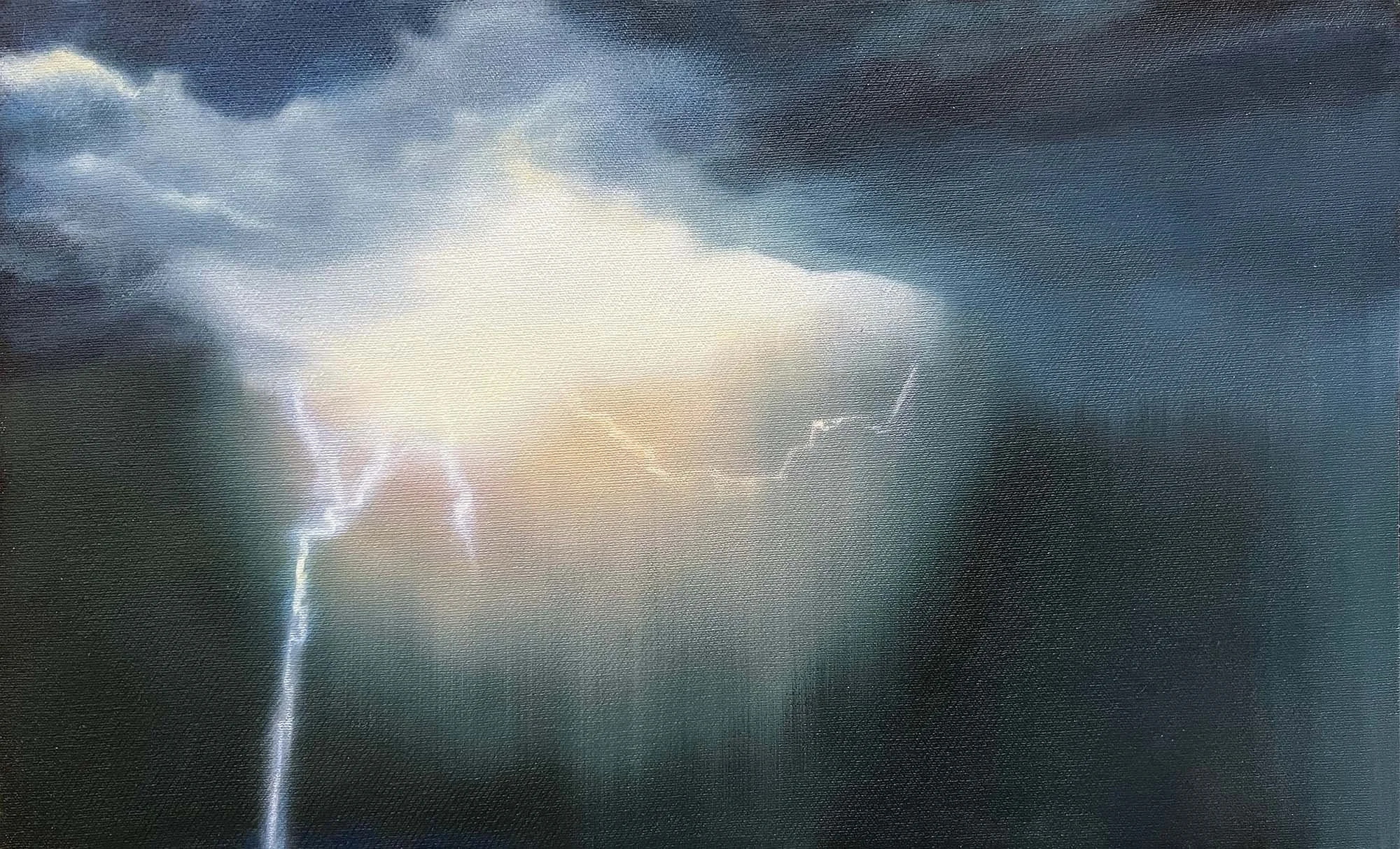   Into the Light, and to the Day   (after Church)  Oil and Pearlescent Pigment on Belgian Cotton, Framed in Victorian Ash, 64.5 x 110 cm, 2025 