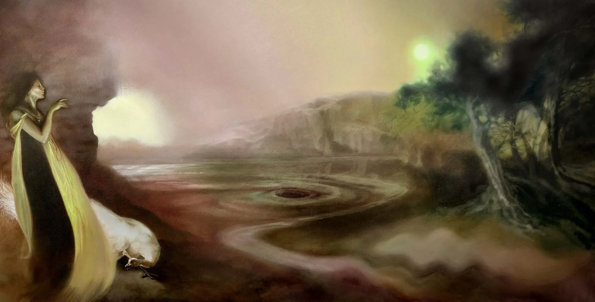   Inebriata and the white Peacock  Oil on Belgian Cotton, Framed in brushed aluminium, 55 x 115 cm, 2026 
