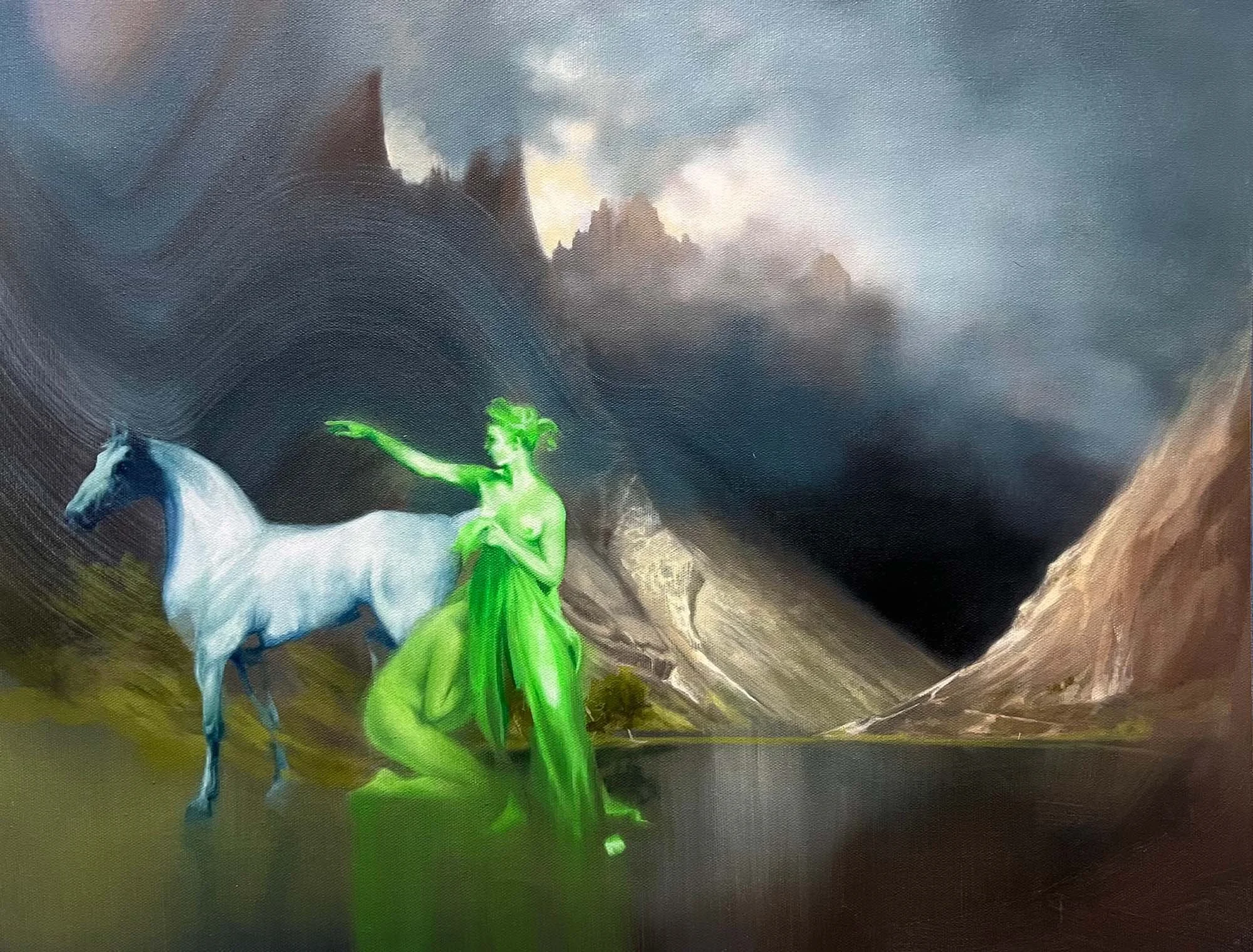  Diana and the Nostalgic Horse  Oil on Belgian Cotton, Framed in brushed aluminium, 45 x 58 cm, 2026 