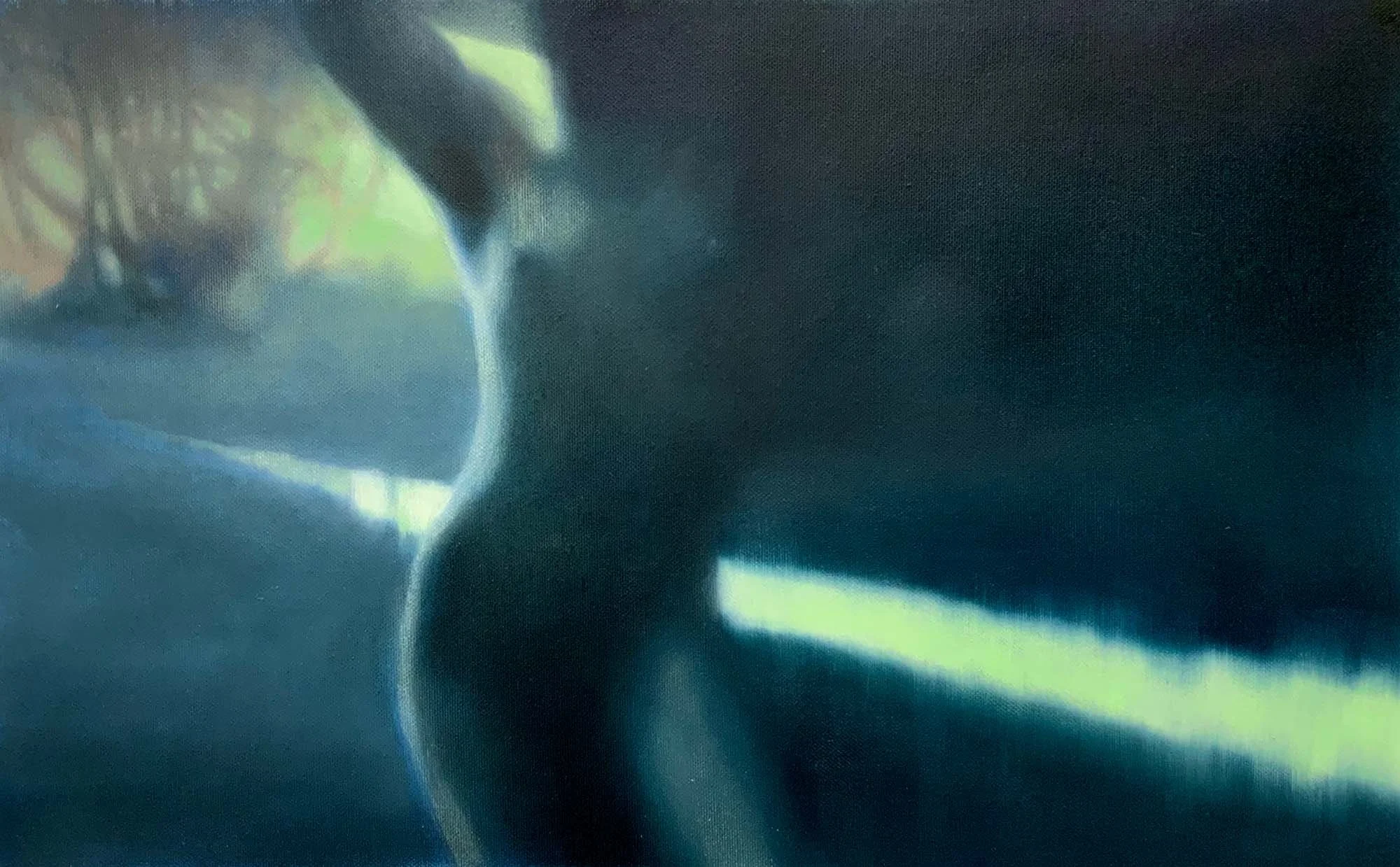   God as a Young Man  Oil on Belgian Cotton, Framed in brushed aluminium, 30 x 51 cm, 2026 