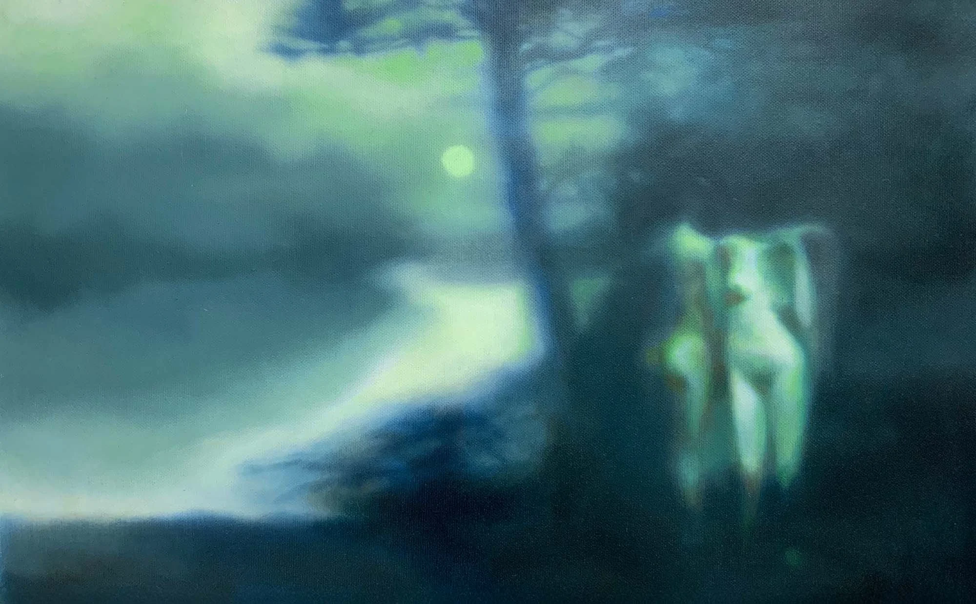   Ghosts of the Fall  Oil on Belgian Cotton, Framed in brushed aluminium, 30 x 51 cm, 2026 