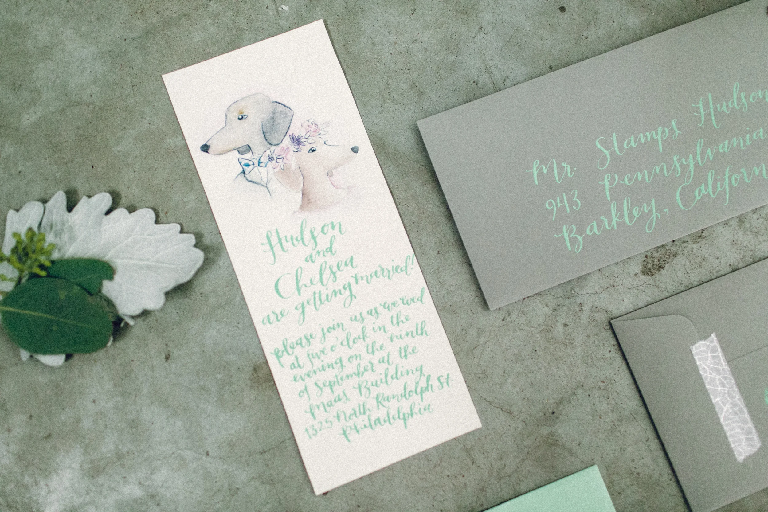 #hudsonloveschelsea // invitation + calligraphy by hello, bird. featuring watercolor portrait by pennys & stamps // photo courtesy of danfredo photography // florals by kate farley design // styled by confetti & co.