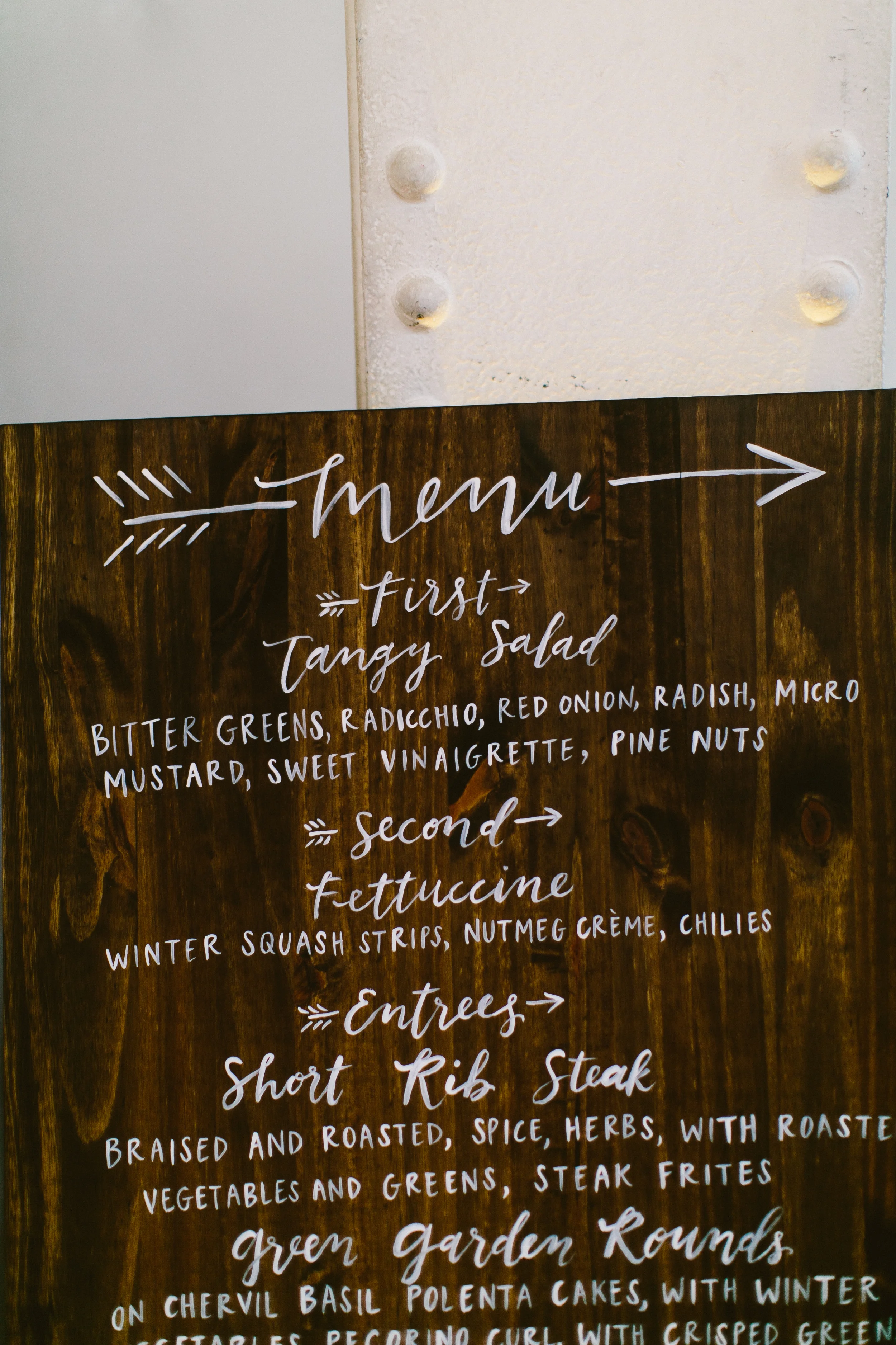 handpainted calligraphy wooden menu by hello,, bird. // photo by redfield photography