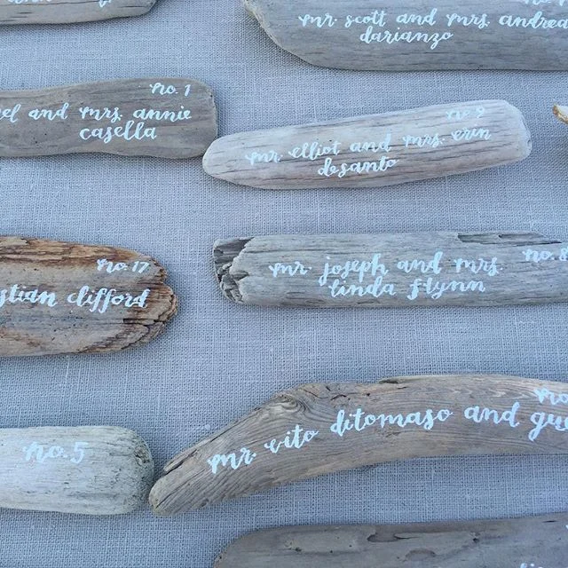  hello, bird. white calligraphy on driftwood escort cards 