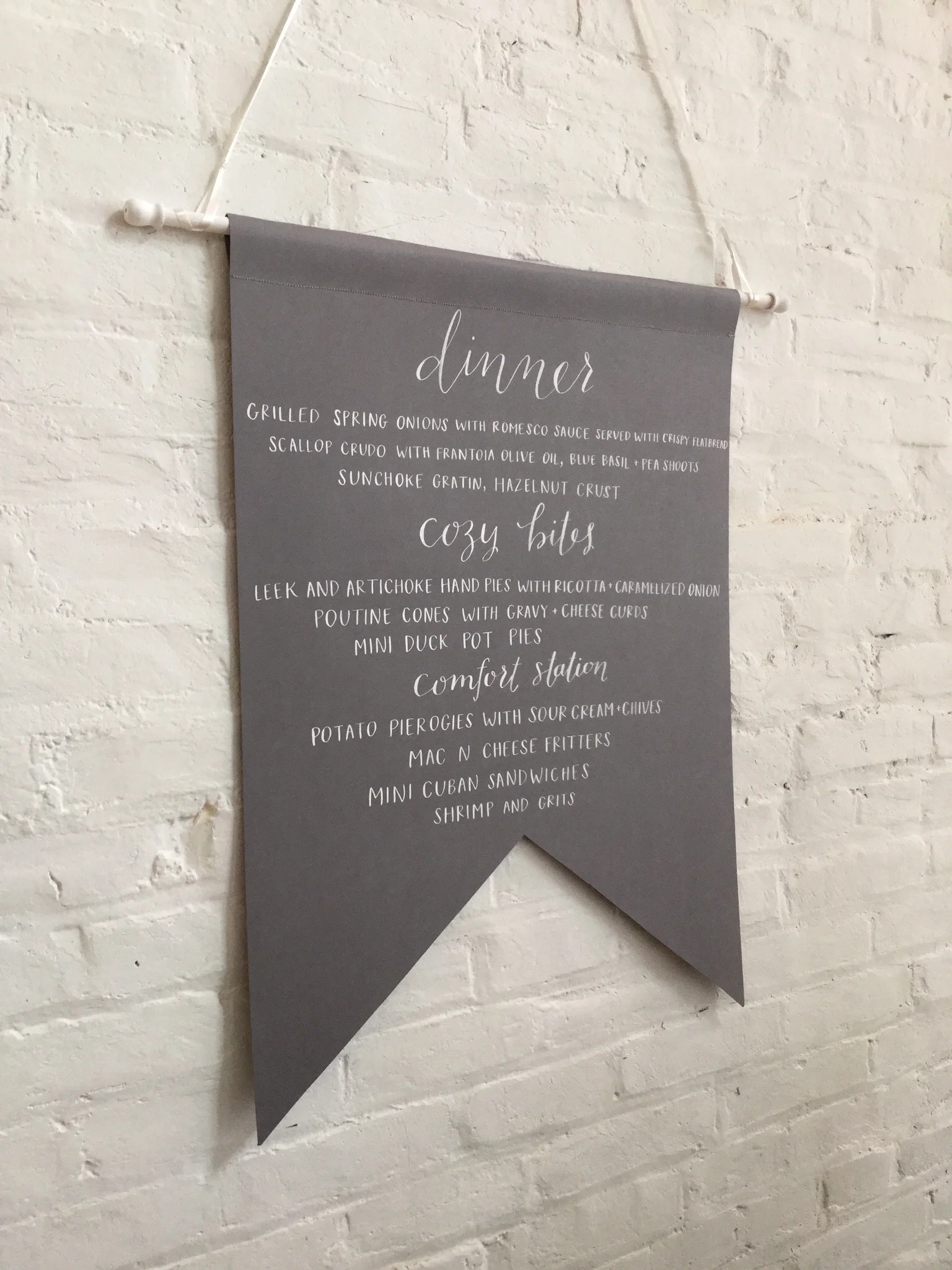 hanging menu by hello, bird. // gray and white calligraphy