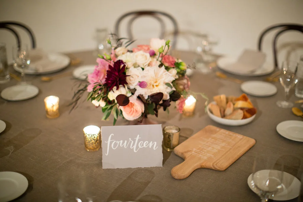 hello, bird. table numbers + menu // florals by devon + pinkett // photo courtesy of peach plum pear photography