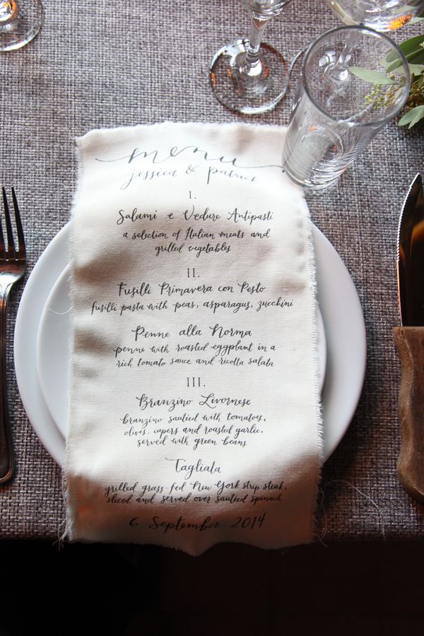 hello, bird. calligraphy menu // screen-printed by fennec design // photo courtesy of Kate Ignatowski