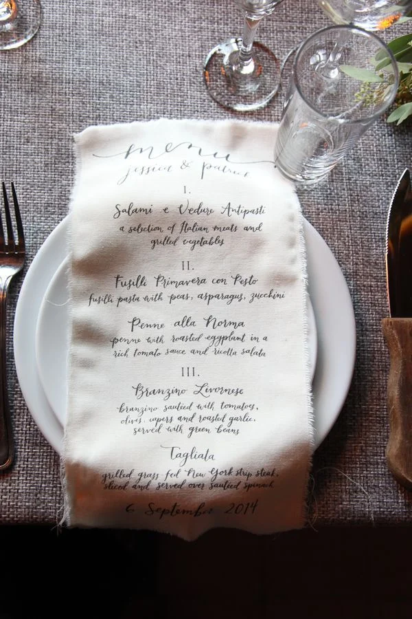 hello, bird. calligraphy menu // screen-printed by fennec design // photo courtesy of Kate Ignatowski
