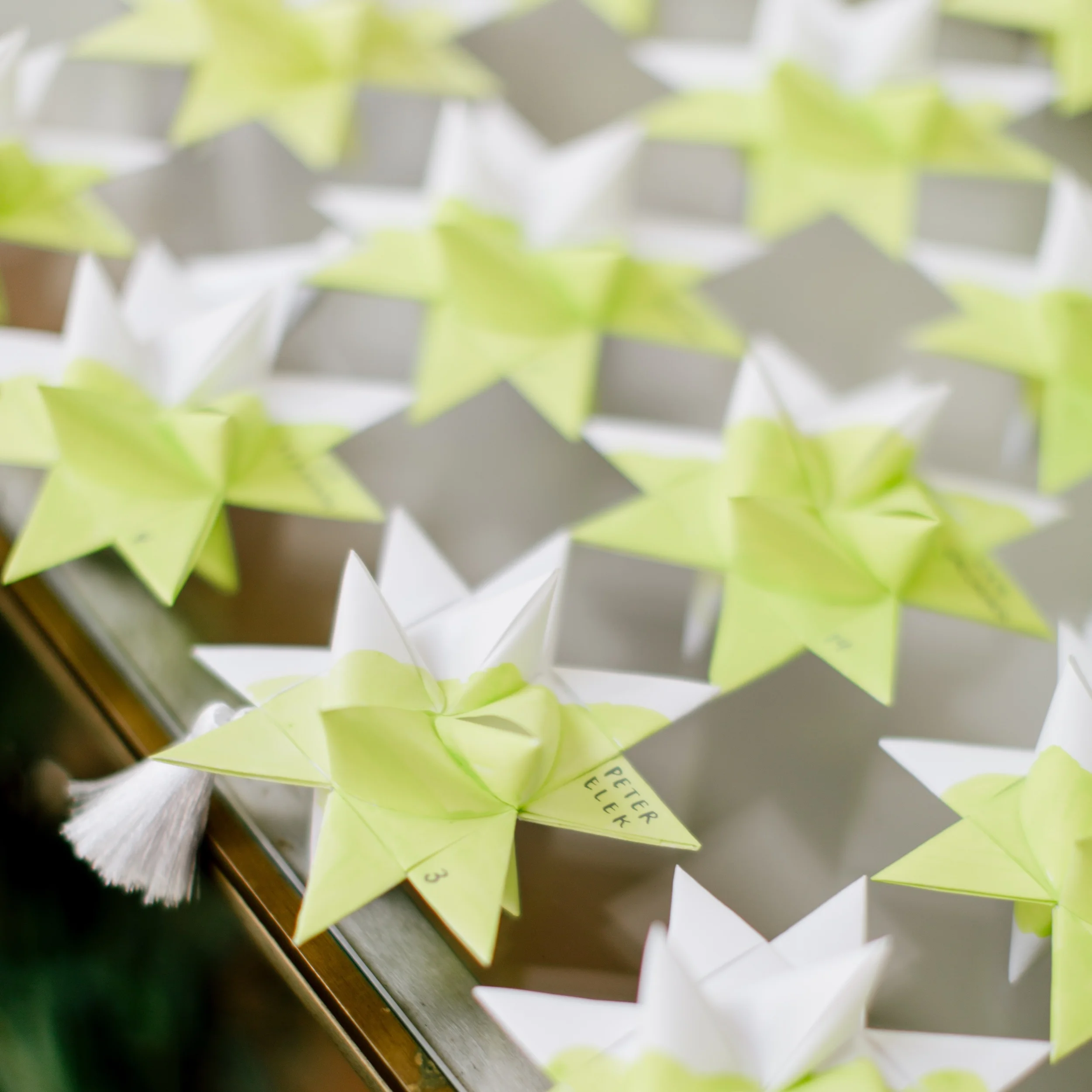  chartreuse wash escort cards - calligraphy by hello, bird. // photo courtesy of Emily Wren Photography 