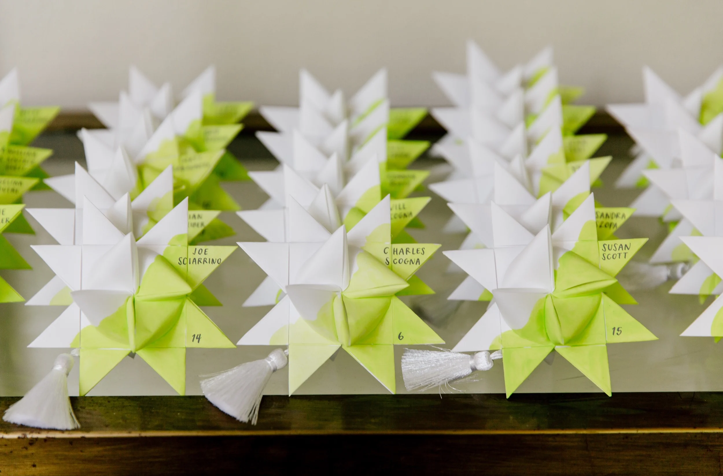  chartreuse wash escort cards - calligraphy by hello, bird. // photo courtesy of Emily Wren Photography 