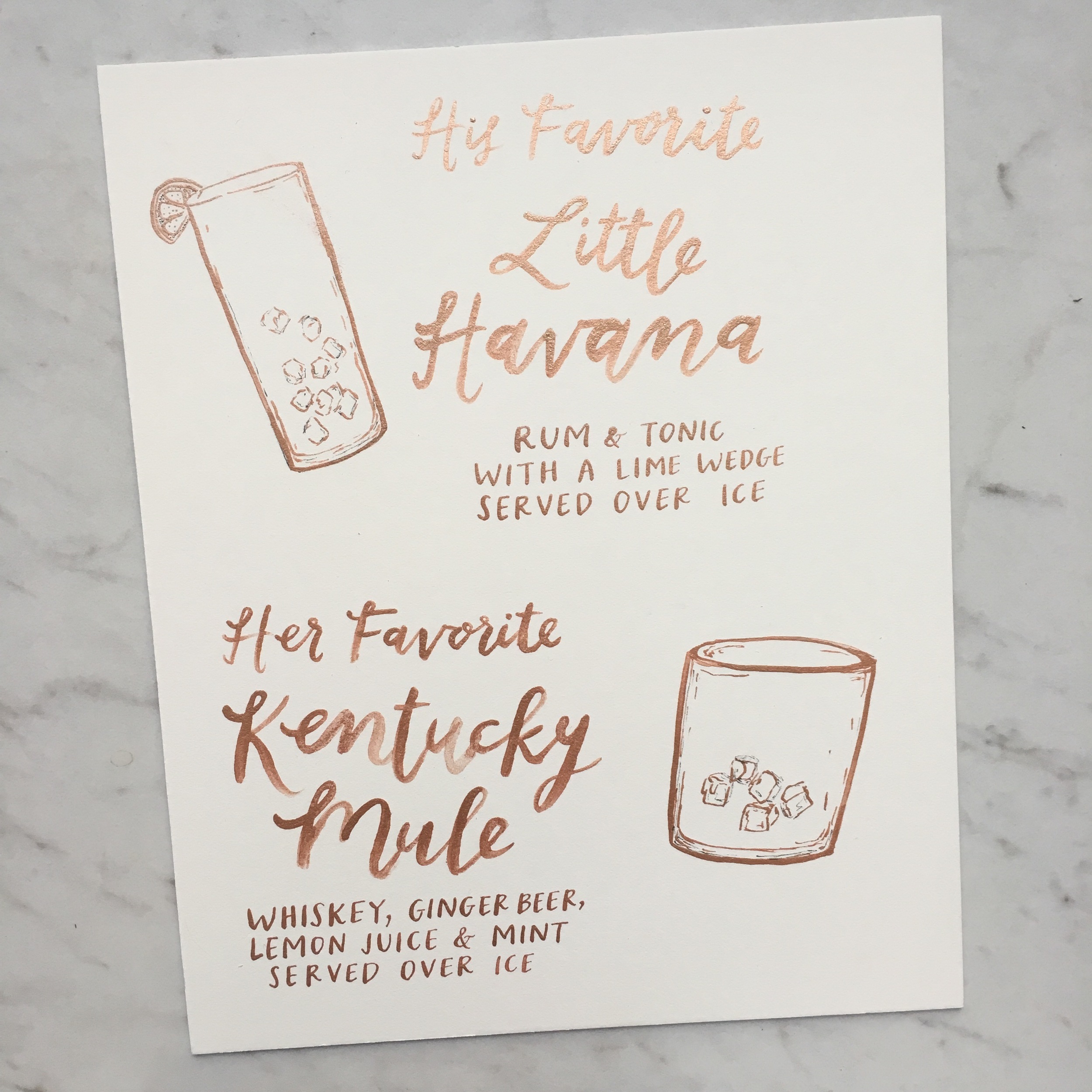 hello, bird's rose gold calligraphy signature cocktail menu with illustrations