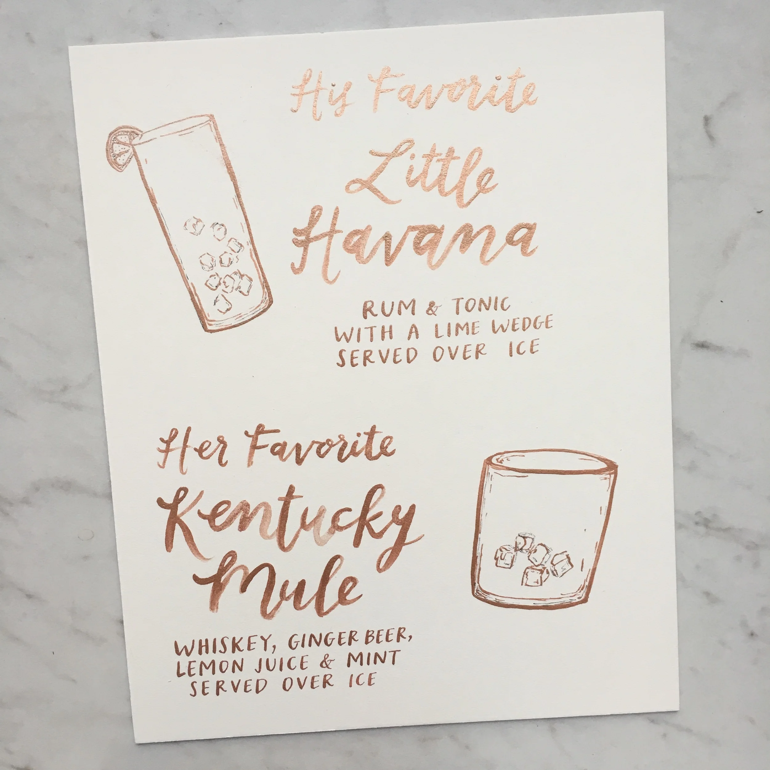hello, bird's rose gold calligraphy signature cocktail menu with illustrations