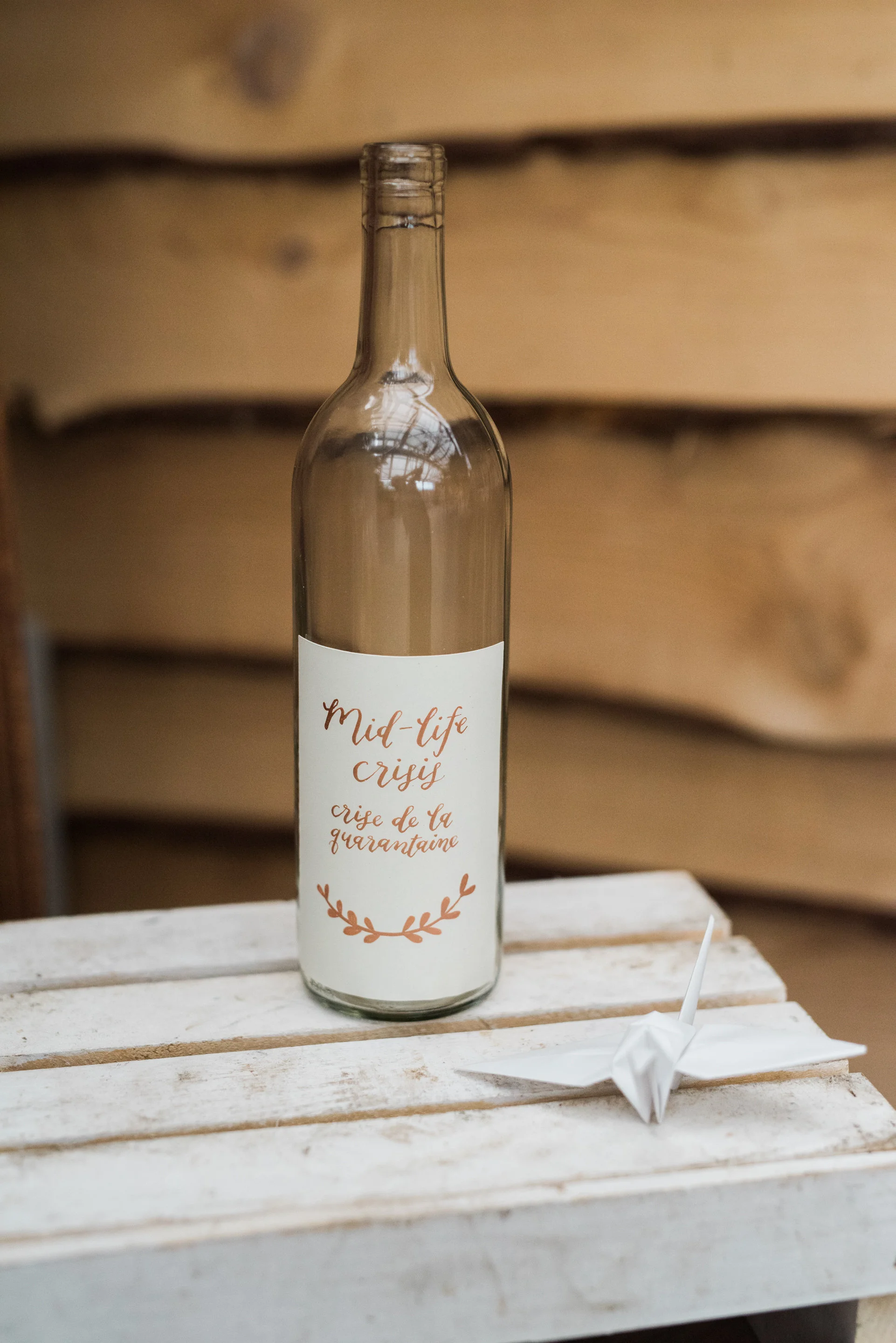 rose gold calligraphy on wine bottle stickers by hello, bird // photo by haley richter photography